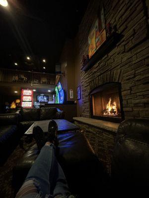 The fireplace and slot machines.