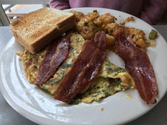 3 Egg Spinach Omelette with Cheese and Side of Turkey Bacon and home fries