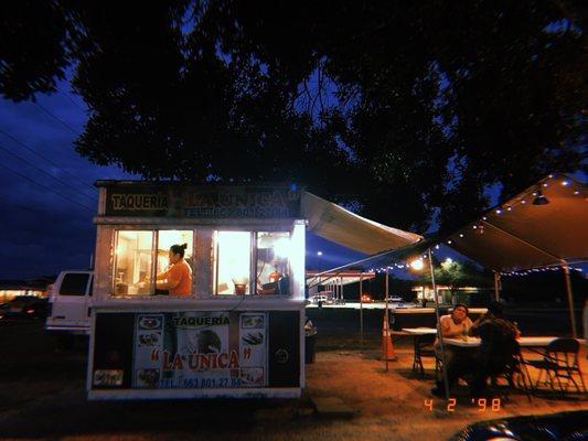 Food truck and covered, lit, seating