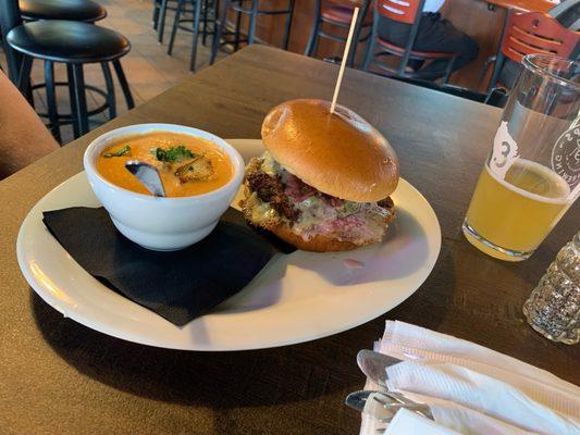 Spicy smash burger with tomato soup