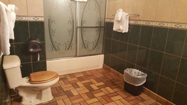 The very large and clean bathroom.  Just needs a fan ... gets very hot and steamy.