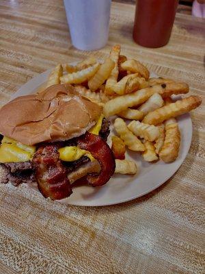 Double bacon cheeseburger with fries