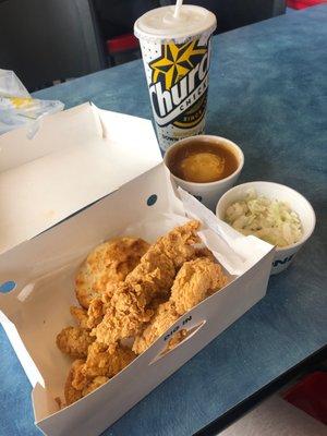 Shrimp 'n tenders, biscuit, coleslaw and mashed potatoes with drink for less than $7.