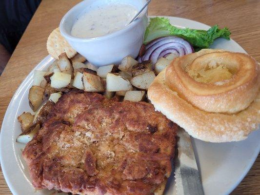 Chicken-fried steak plate.  Love those orange rolls!