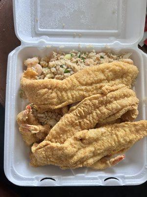 3 piece fish, 6 shrimp, and shrimp fried rice.