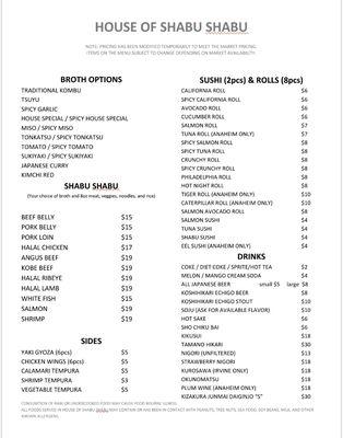 A La Carte, Broth, and Drinks Menu