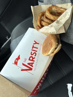 Kids meal burger & onion rings. $8.70. (Not picture was the min shake $1.99 upcharge).