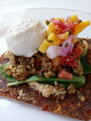 Raw vegan Taco with dehydrated corn tortilla, walnut taco meat, cashew sour cream, nacho cheese spread, spinach and mango pico