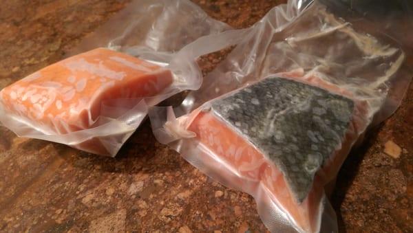 Sealed salmon steaks.