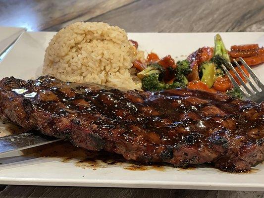 Dote's Ribeye with fried rice and veggies.