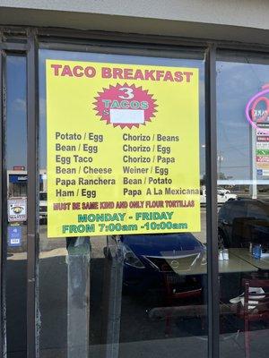 Breakfast taco specials $3.99/3 tacos