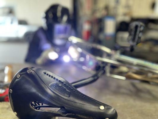 Welding, Abner on the tig, electric bike, brooks saddle, bmx, ebike