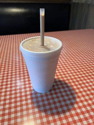 Medium chocolate malt. This is how served inside (no glass)