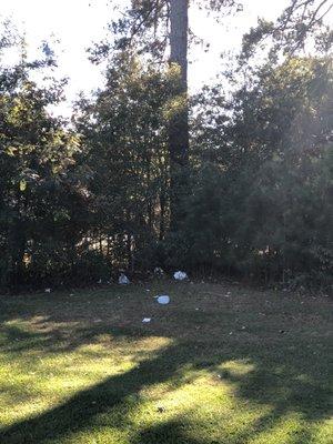 Trash and old flowers scattered over the cemetery grounds..