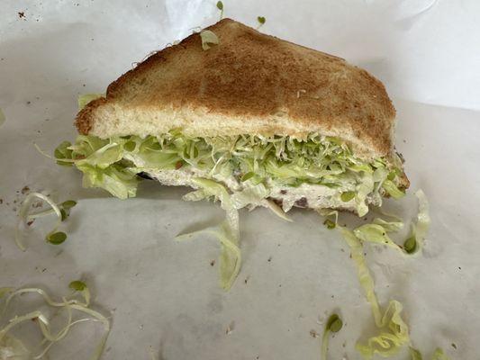 Toasted white bread, no garlic sauce, lettuce, sprouts, chix salad