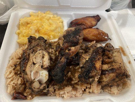 Small Jerk Chicken w/ rice and peas, Mac N Cheese, and Plantains