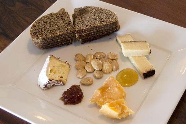 The cheese platter.  Ideal for two people to share.  The "Barely Buzzed" cheese is encrusted in espresso and lavender.