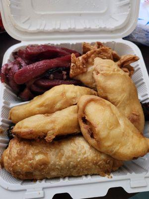 Appetizer Delight #2 with beef teriyaki,  chicken fingers, egg roll,  crab Rangoon and ribs