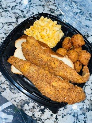 The 919 Platter (fried whiting fish) with macaroni and cheese and hush puppies