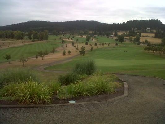 looking down from the club house at the 18th green and fairway (on the right) and the 1st fairway (on the left)