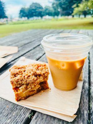 Coffee cake with an iced latte