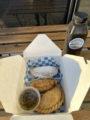 3 empanadas - beef, creamed corn, apple; Yerba mate cold drink - IG @bougiefoodieboi