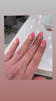 Manicure, nail tips, nail shaping, SNS (dipped nails) ombre style. Worth the wait due to the quality of the nail technicians