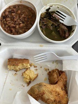 Fried chicken wing, Black Eyed Peas and Greens