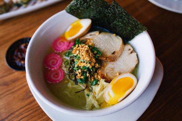 Tare poached chicken ramen in rich broth