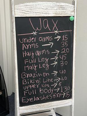 Wax menu with prices