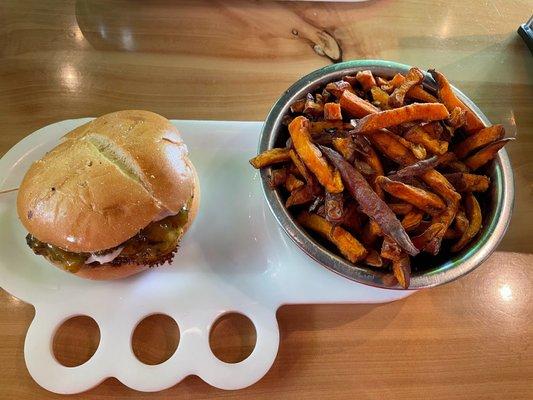 Burger with yam fries