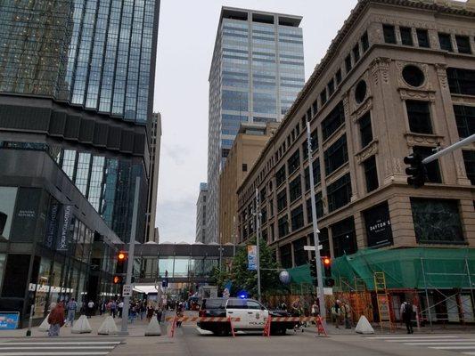 A downtown event fills up the Nicollet Mall and the IDS Center Tower fills up the skyline.