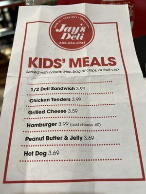 Kids menu