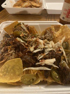 Pulled pork nachos (not great for take out, probably better in person)