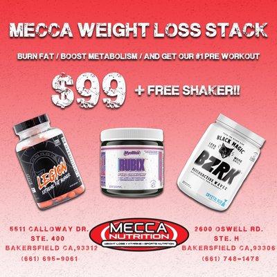 Lose 20LBS and save $70 with this weight loss stack including 2 fat burners and our best selling pre-workout! (Only at Mecca Nutrition)