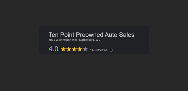 Check out our satisfied customers on Google https://www.google.com/search?q=Tenpoint+Preowned+Auto+Sales+Martinsburg%2C+WV&rlz=1C5GCEM_enUS1