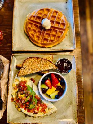 Tri Athlete Breakfast with a side of fruit and a Belgian Waffle