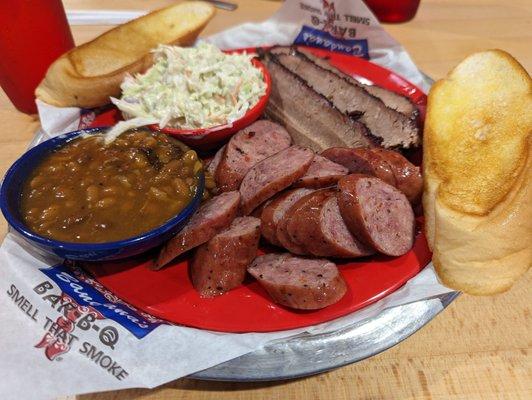 Smoked sausage, brisket, baked beans and coleslaw