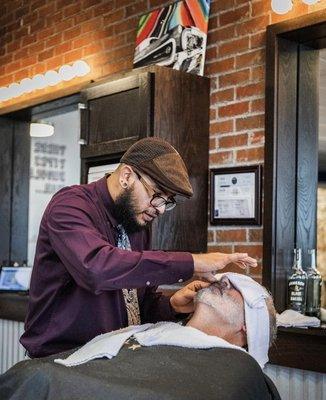 Beard trim, with hot lather, hot towel and straight razor.