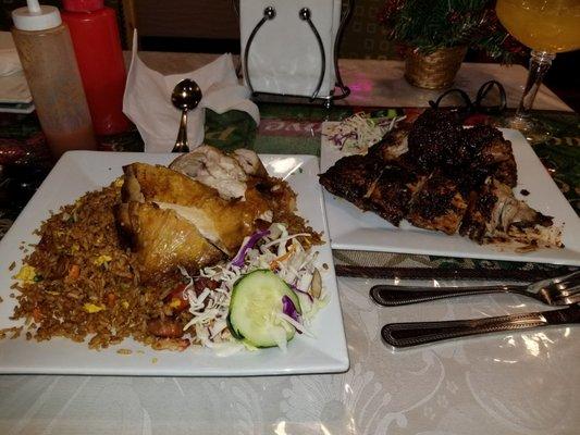 House special fried rice with fried chicken and a side of jerk chicken.  Delicious.