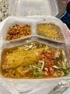 Chicken enchilada, rice and beans (the beans are delish)