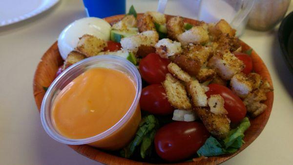 Huge side house salad... Hard boiled egg and homemade croutons made it stand out!