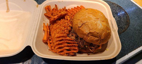 Pulled pork sandwich with sweet potato fries (Doordash order 3/24/24)