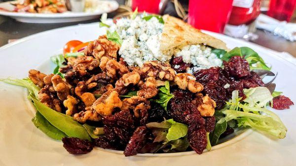 Michigan Cherry Salad. Bleu cheese crumbles, walnuts, tomato, cucumber, basil vinaigrette. Gewd!