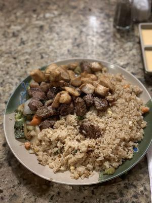 Hibachi steak, chicken, vegetables, and rice