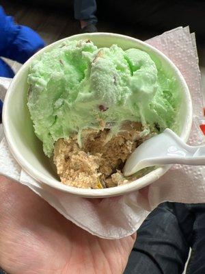 Caramel chaos cookie dough + almond pistachio ice cream