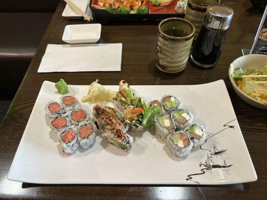 Lunch 3 Roll Special with spicy salmon, Philadelphia, and Shrimp Tempura.  Miso soup and salad included too.