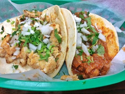 Chicken Fajita taco, and Carne Guisada taco on homemade tortillas.