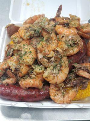 Cajun Shrimp Boil with Cajun corn, potatoes and sausage