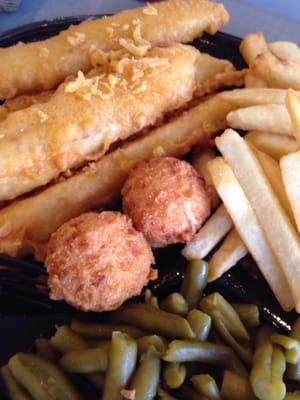 3 piece fish with fries and green beans